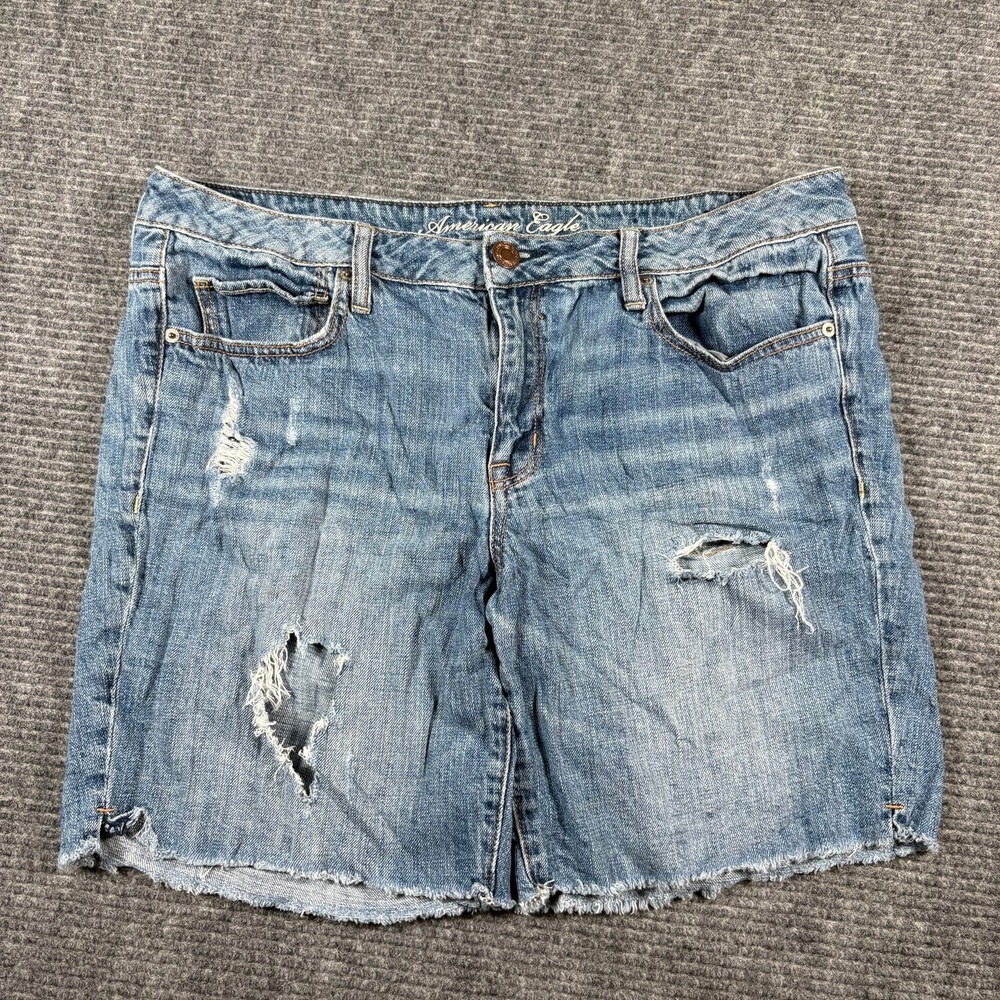 American Eagle Denim Shorts Womens 14 Blue Good Distressed Raw Hem Ripped Cotton